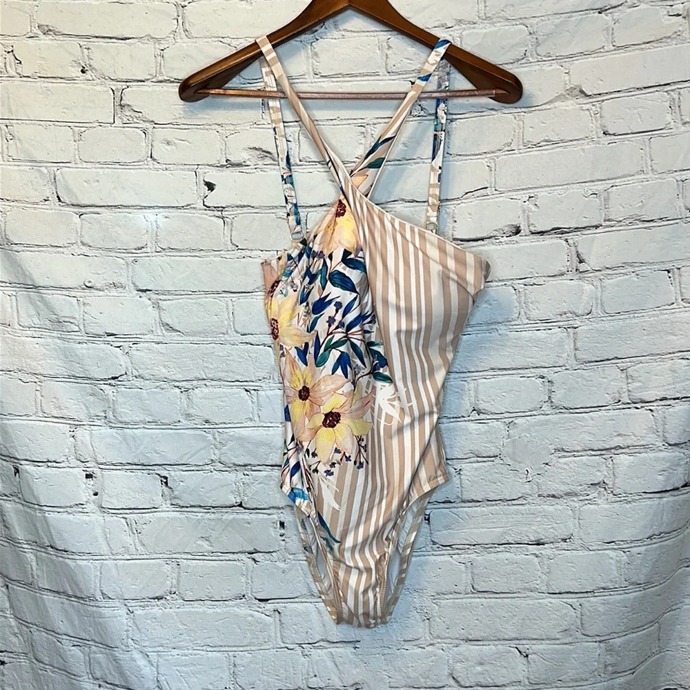 Athena Tan White Striped Floral Halter Swimsuit Size 6 Excellent Condition
